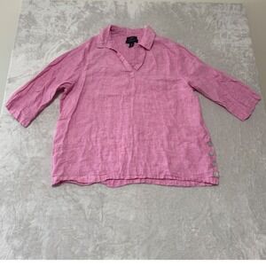 Tahari Women's 100% Linen 3/4 Sleeve V-Neck Collared Blouse Top‎ 1X Pink